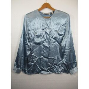 Vintage 80s 90s Karen Scott Shiny Satin Secretary Blouse Women 14 Blue